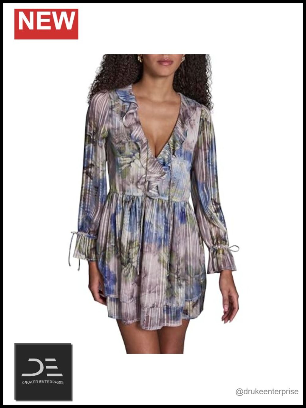 Long Sleeve V-Neck Chiffon A-Line Mini Dress